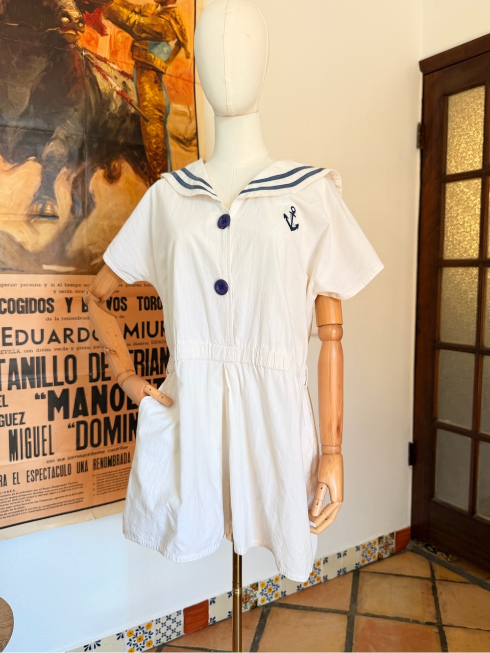 Vintage Lolita Nautical Sailor Collar Romper White/Blue L Short Sleeve Cotton L